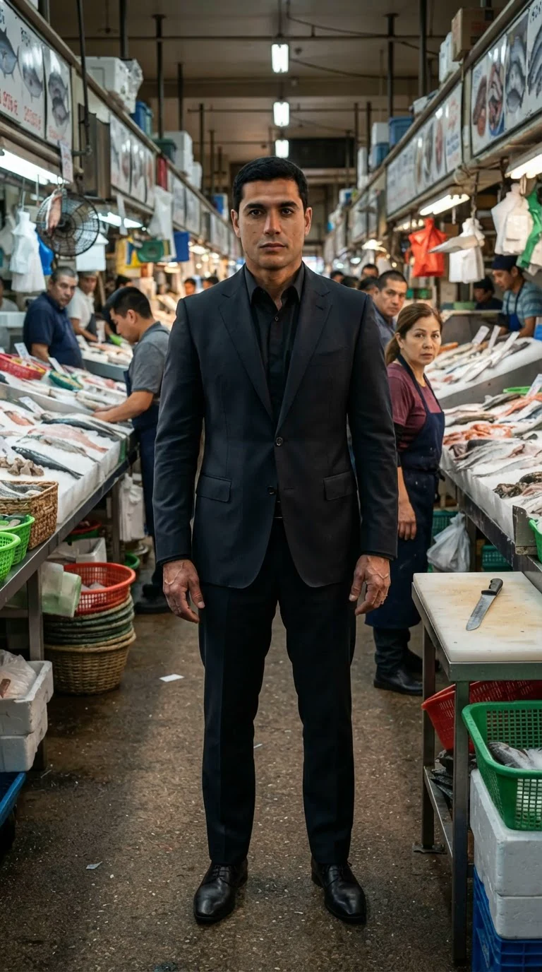 A tall man in a dark suit stands at the end of the market aisle.