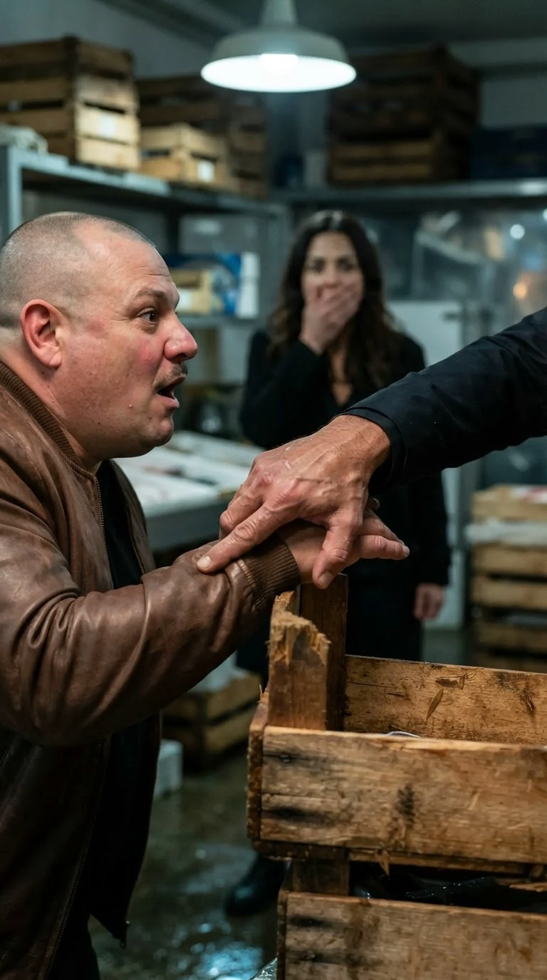 The man in the suit grips the heavy man's hand against a wooden crate.