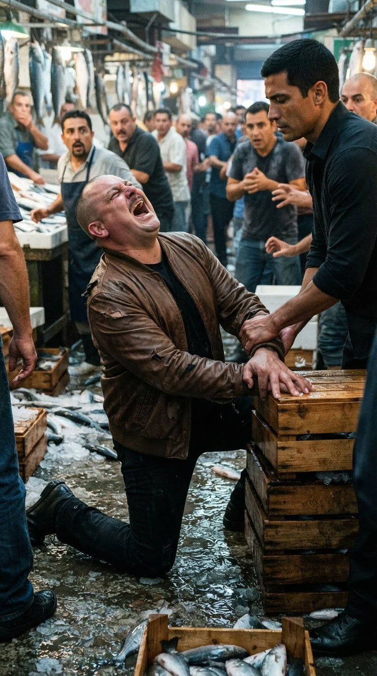 The heavy man drops to one knee, his arm held down over a crate corner.