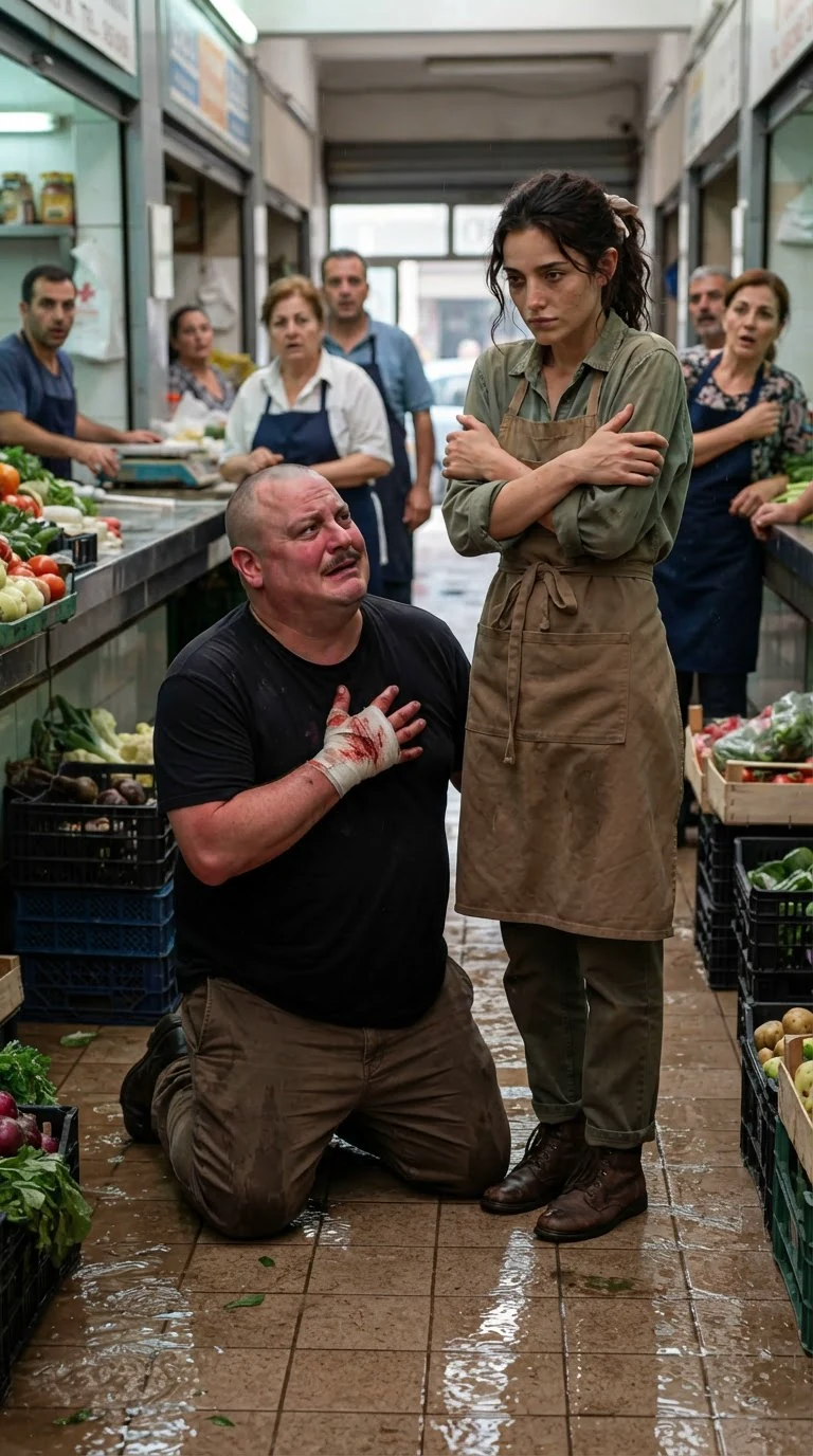 The heavy man kneels in the wet aisle apologizing to the woman.