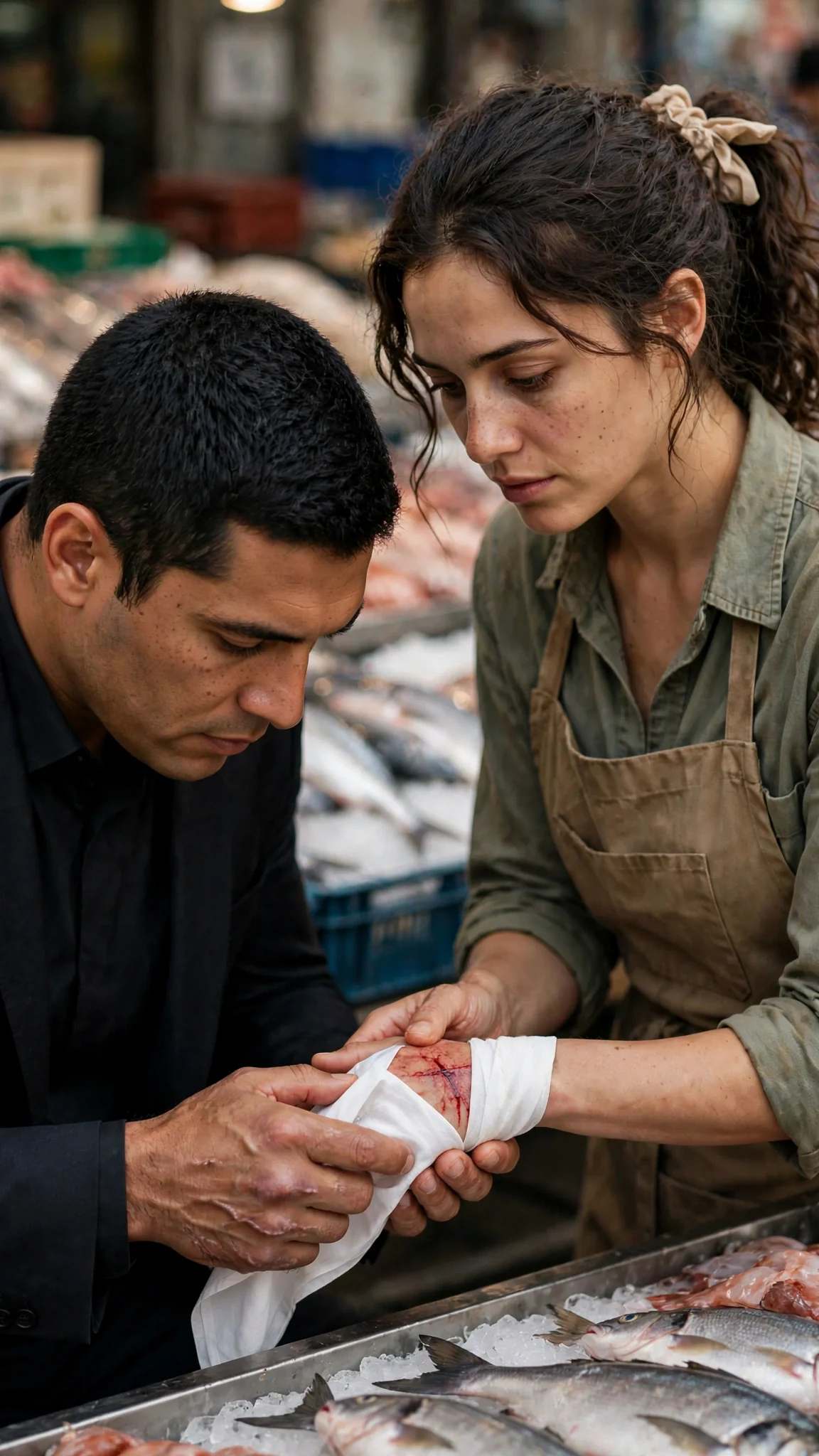The man in the suit wraps a white handkerchief around the woman's cut hand.