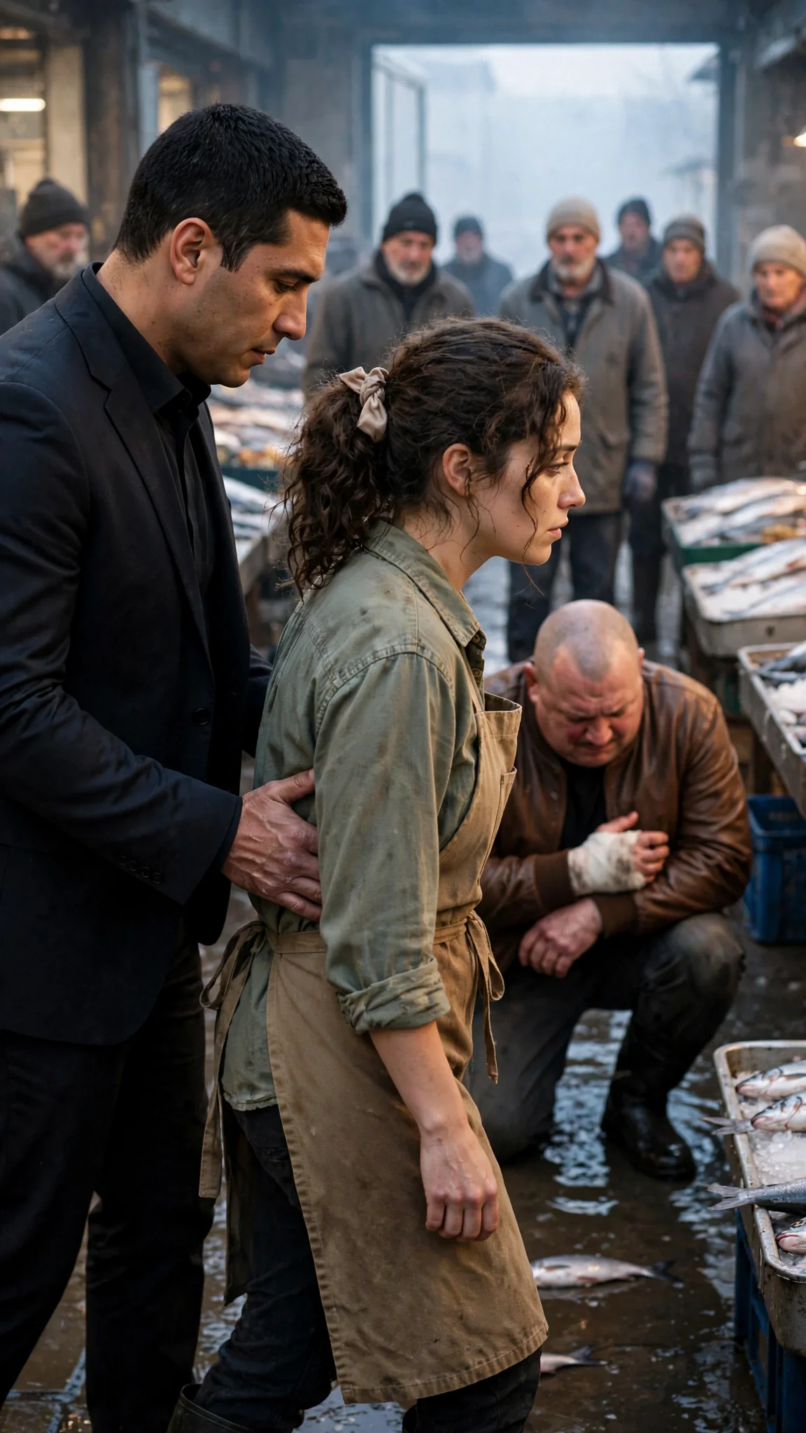 The tall man guides the woman out past the kneeling man in the wet aisle.