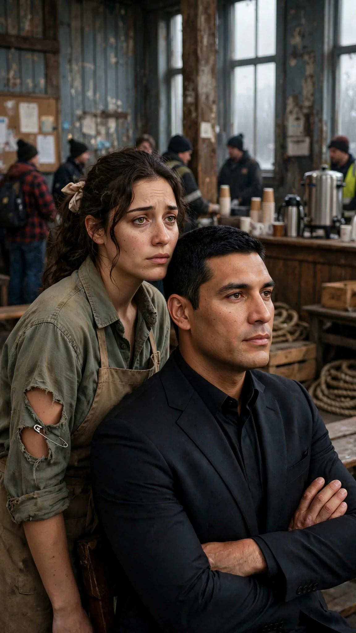 A young woman in a work shirt follows a tall man in a dark suit into a crowded union hall.