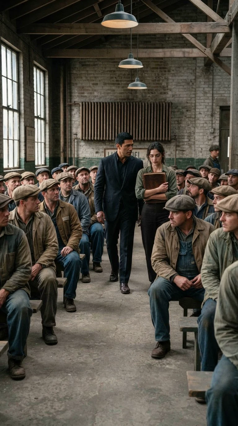Men in work caps turn to stare as the woman crosses the hall behind the suit.