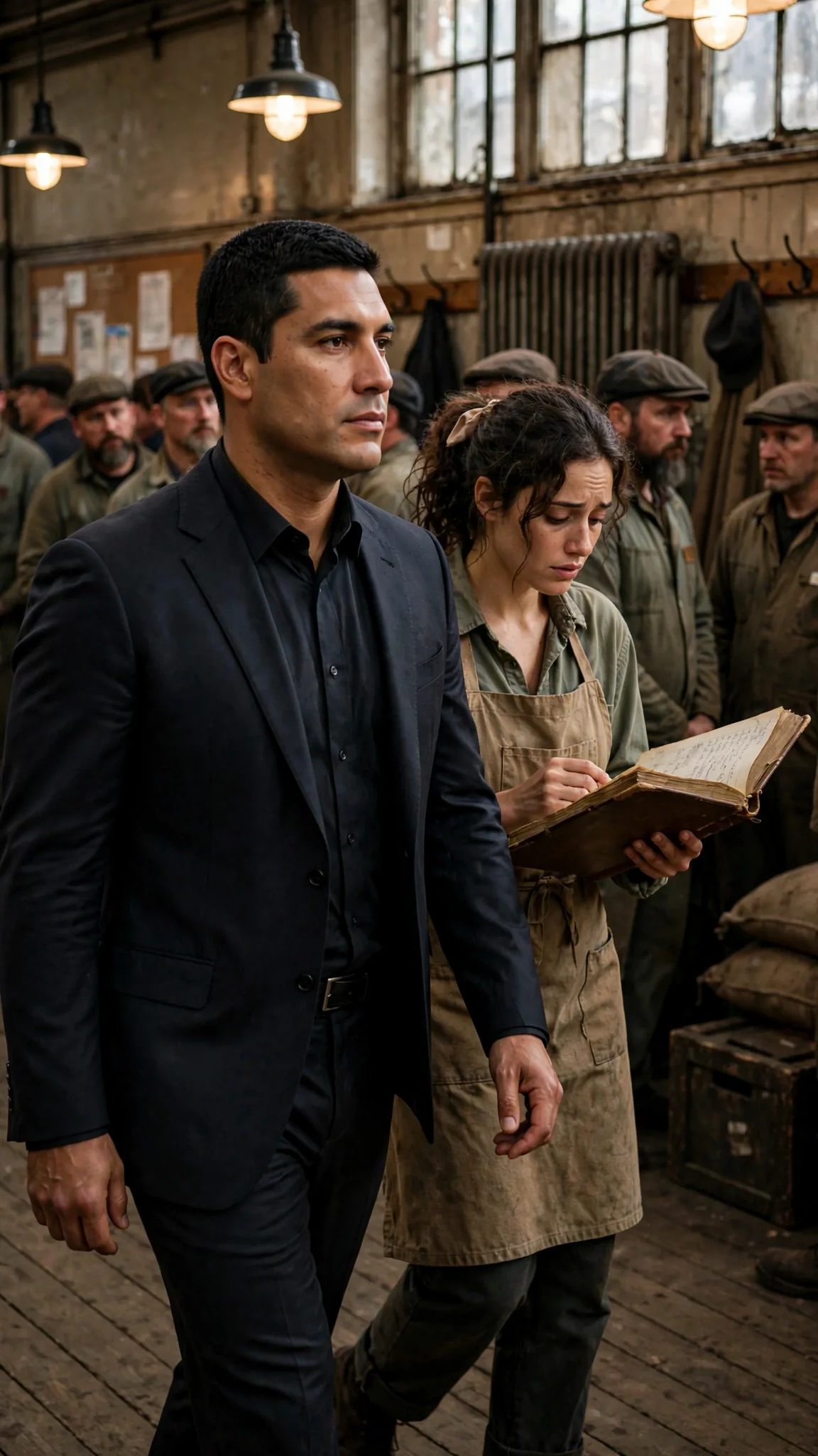 The man in the suit walks down a line of dock workers while the woman holds the ledger.