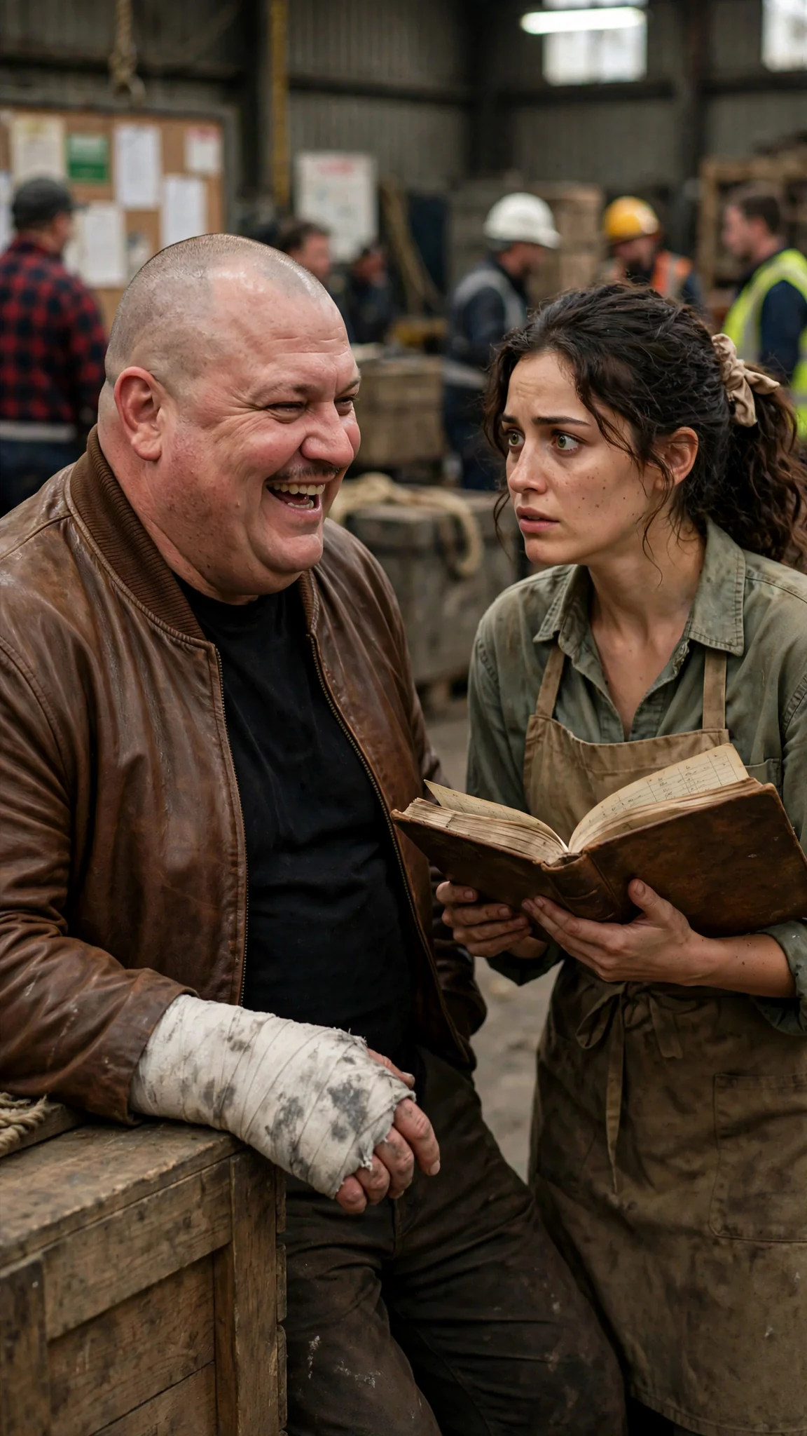 A heavy man with a cast on his hand leans against a crate and grins at the woman.