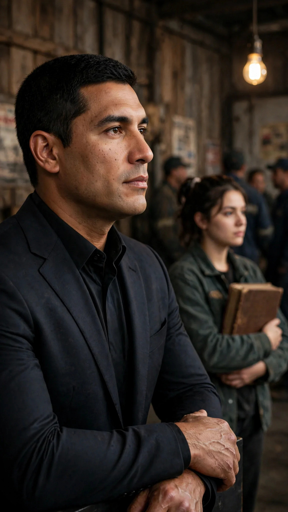 The tall man in the suit turns his head slowly toward the man with the cast.