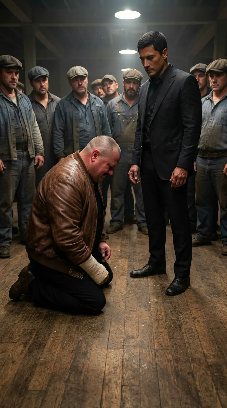 The heavy man kneels on the wooden floor of the union hall with his head down.