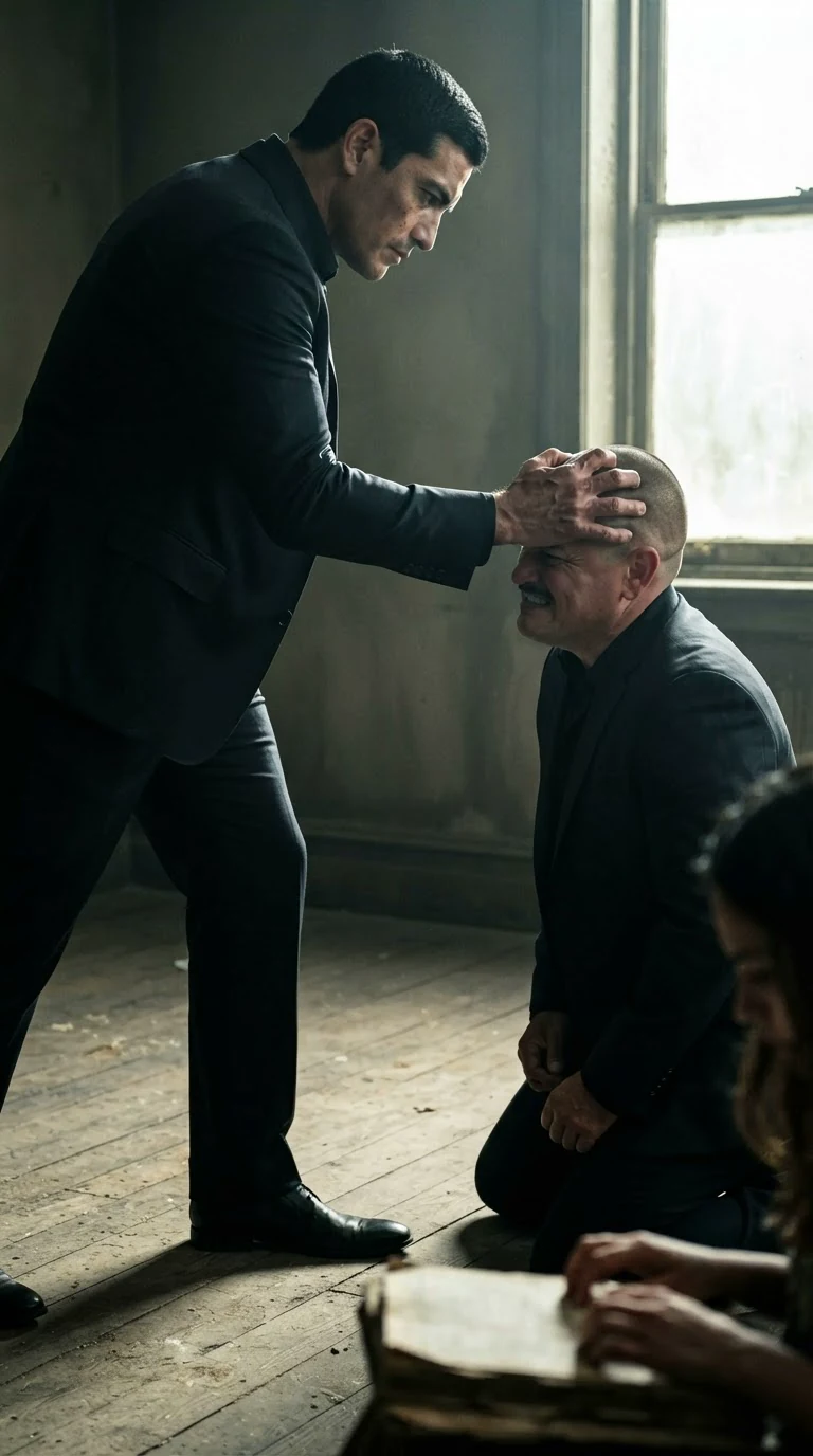 The man in the suit takes the kneeling man by the hair and lifts his face.