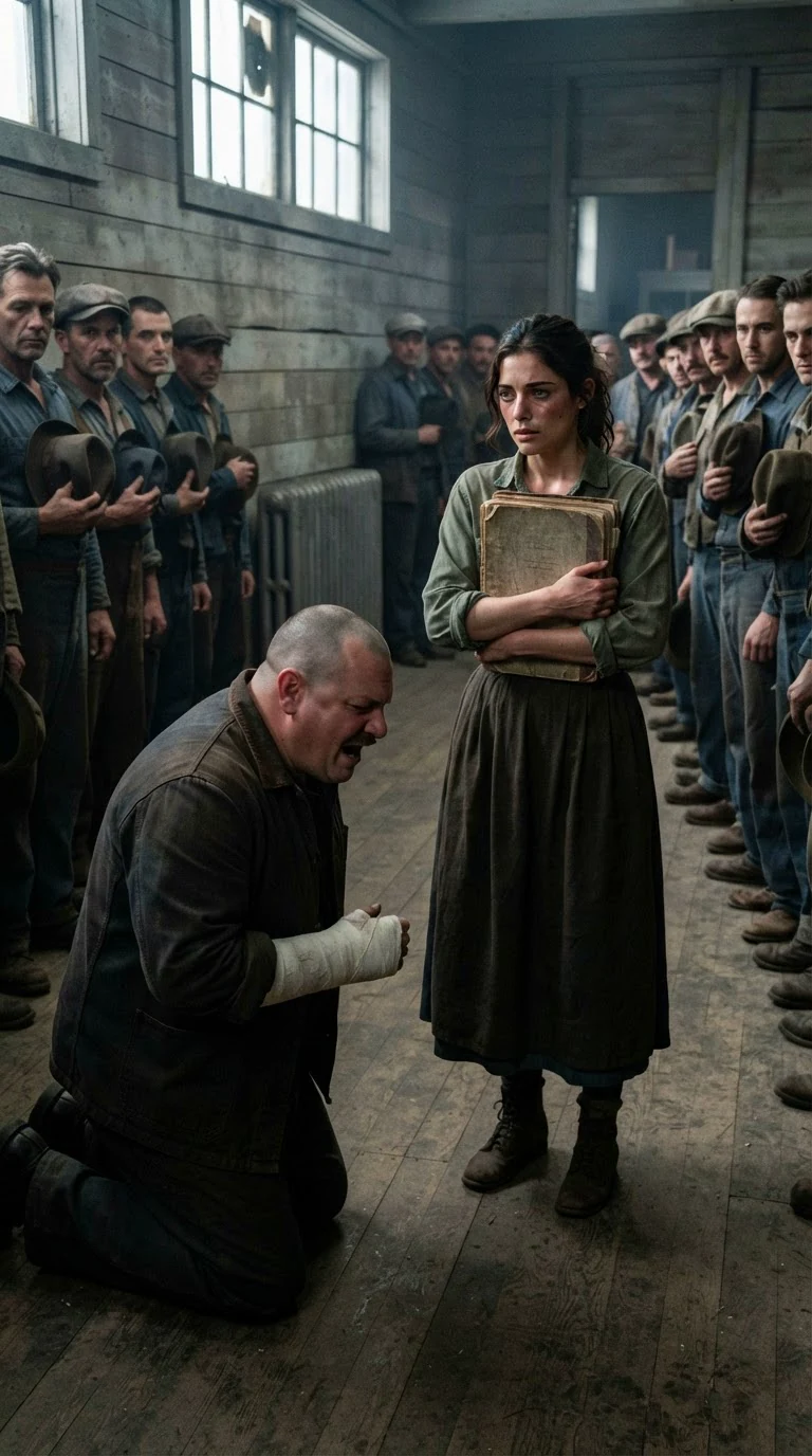 The kneeling man apologizes with his head down while the woman stands frozen with the ledger.