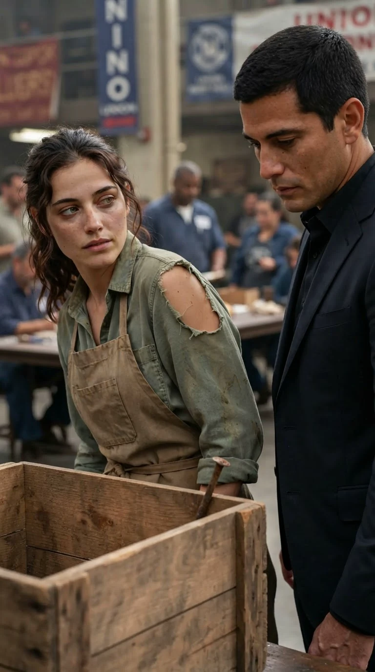 The woman steps back into a crate and her sleeve rips at the seam.