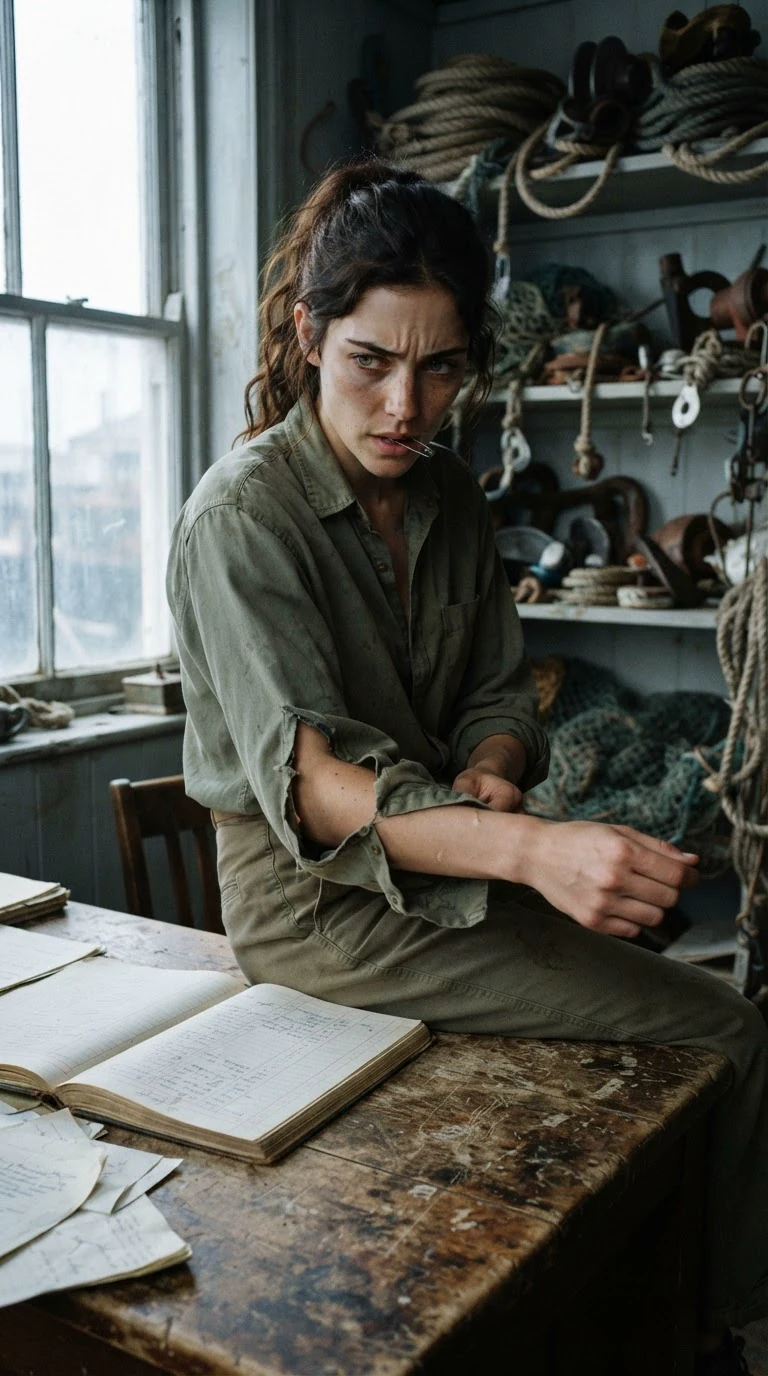 The woman sits on the edge of a desk in a small office trying to pin her torn sleeve.