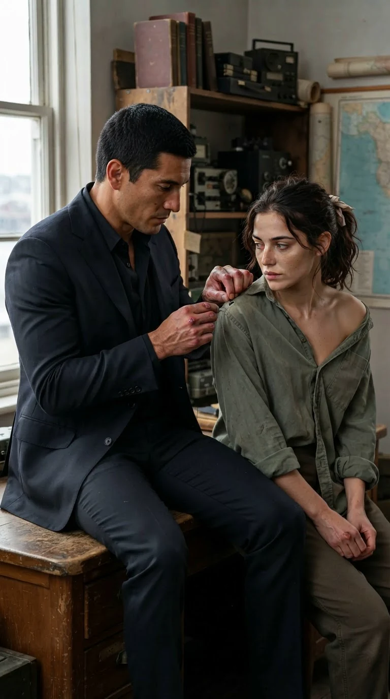 The man takes needle and thread from a desk drawer and sits down beside her.