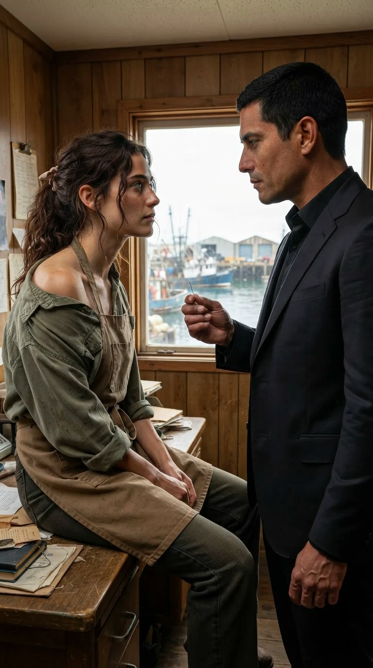 The woman looks at him while he works, her expression stubborn.