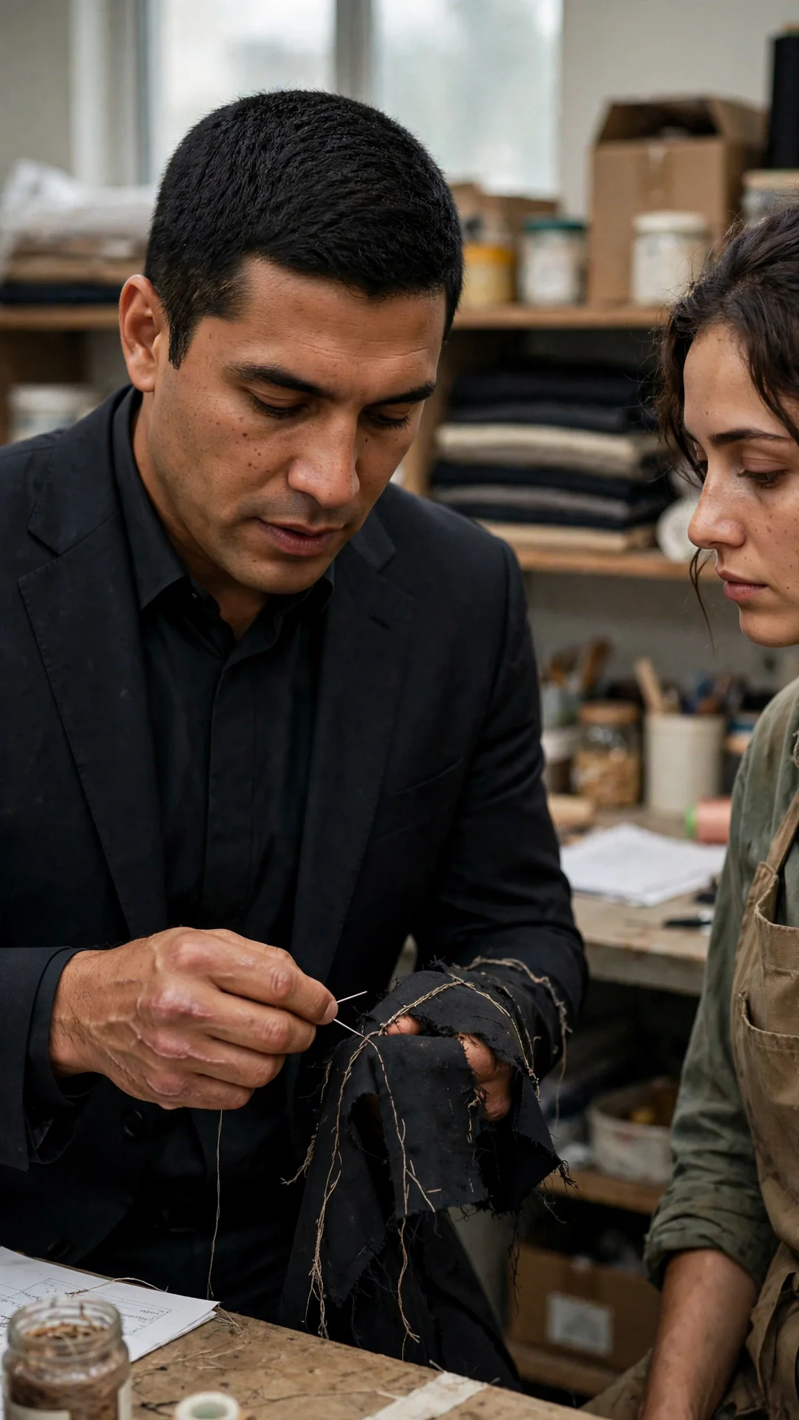 The man in the suit holds the needle still and speaks quietly to her.