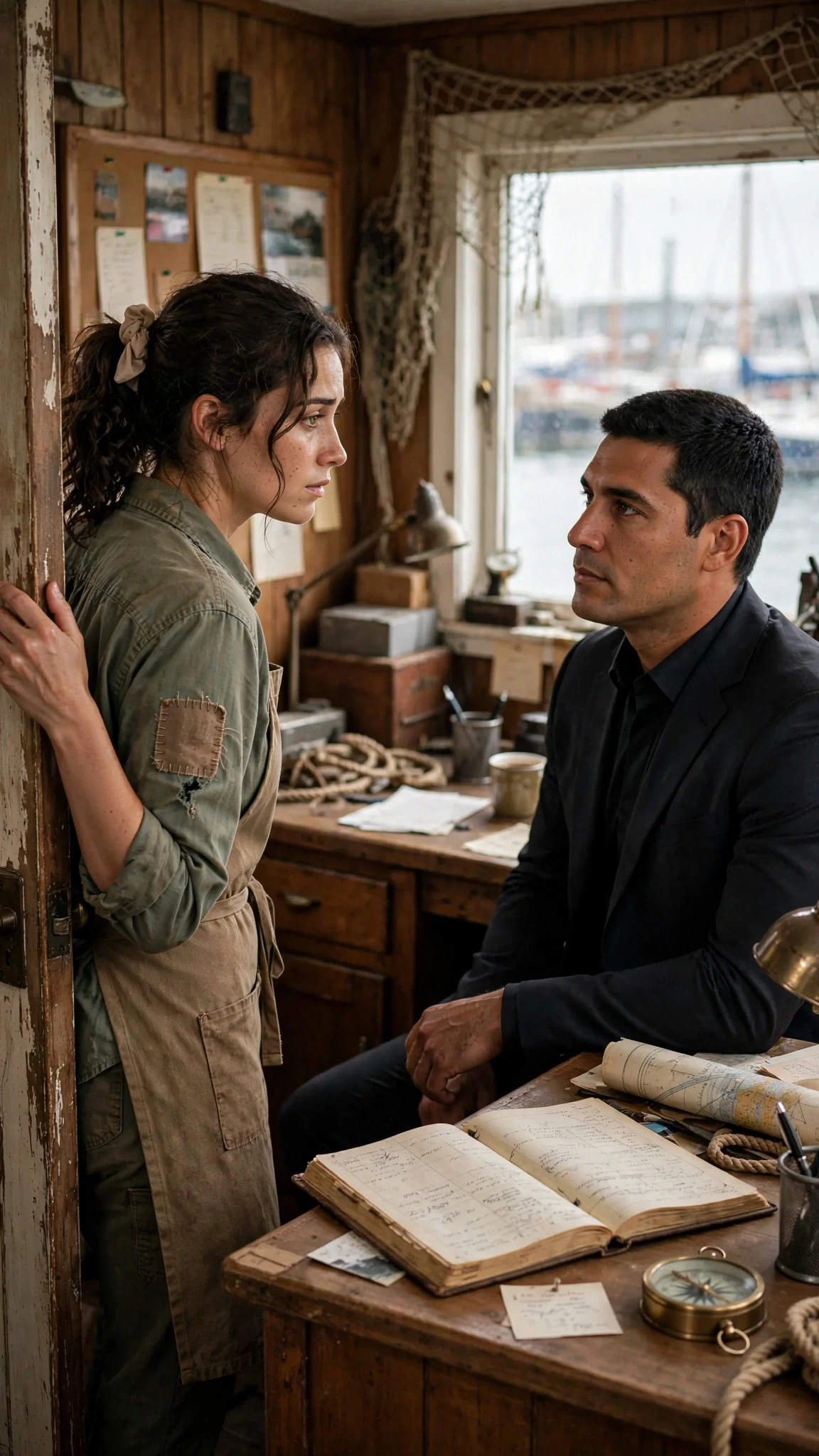 The woman stands by the office door with her mended sleeve, looking back at him.