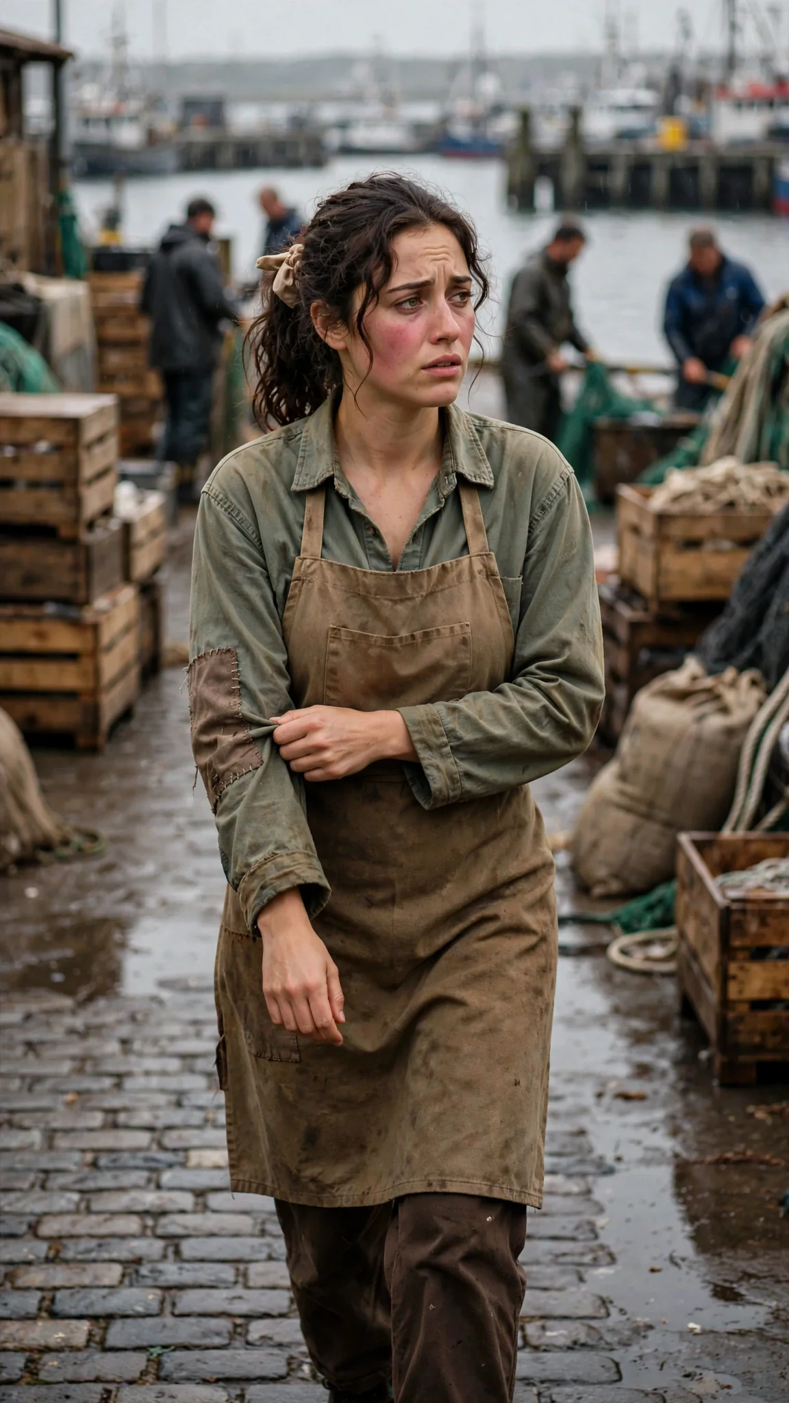 The woman walks the harbor street alone, one hand on her repaired sleeve.