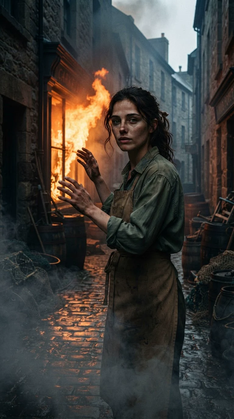 A young woman in an apron stands in the street at night while her shop window blows out in firelight.