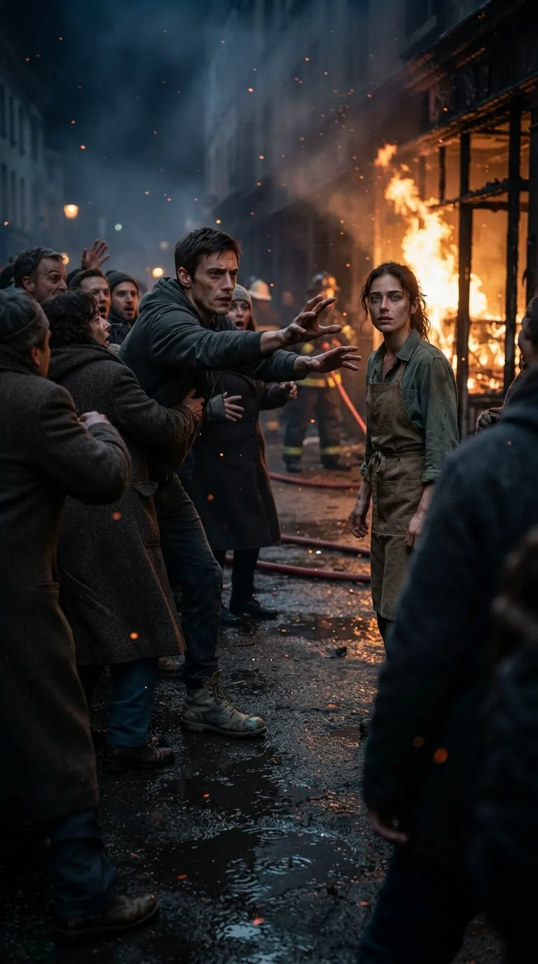 A man in a hoodie pushes through a crowd of onlookers toward the woman in the apron.