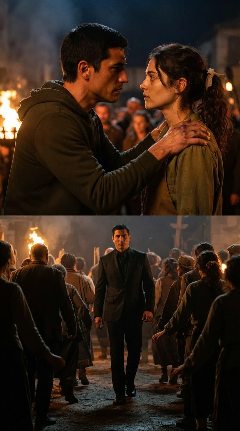 A man in a hoodie grips the woman's shoulders while firelight and a tall man in a suit close in behind.