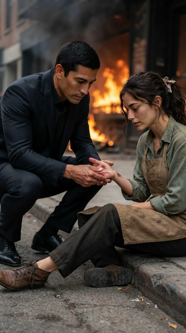 A tall man in a suit crouches on the curb and holds the woman's burnt palm.