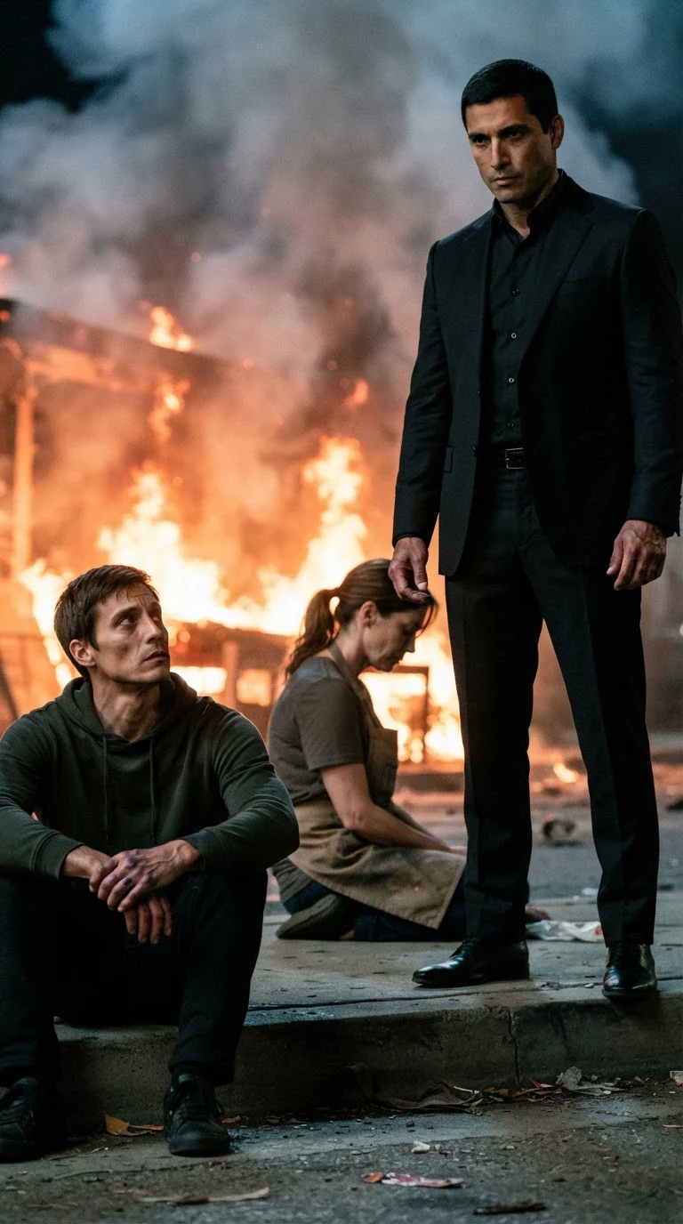 The man in the suit stands over the hoodie man, jaw tight, fire behind them.