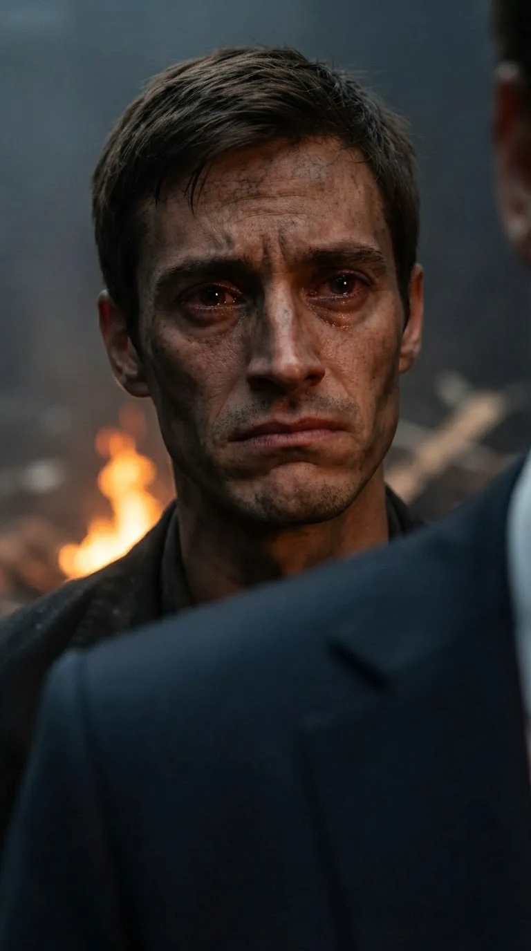 Close on the hoodie man's wet eyes in firelight with a suit shoulder in the foreground.