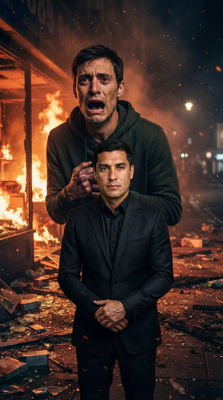 The hoodie man's face collapses while the man in the suit stands still in front of him.