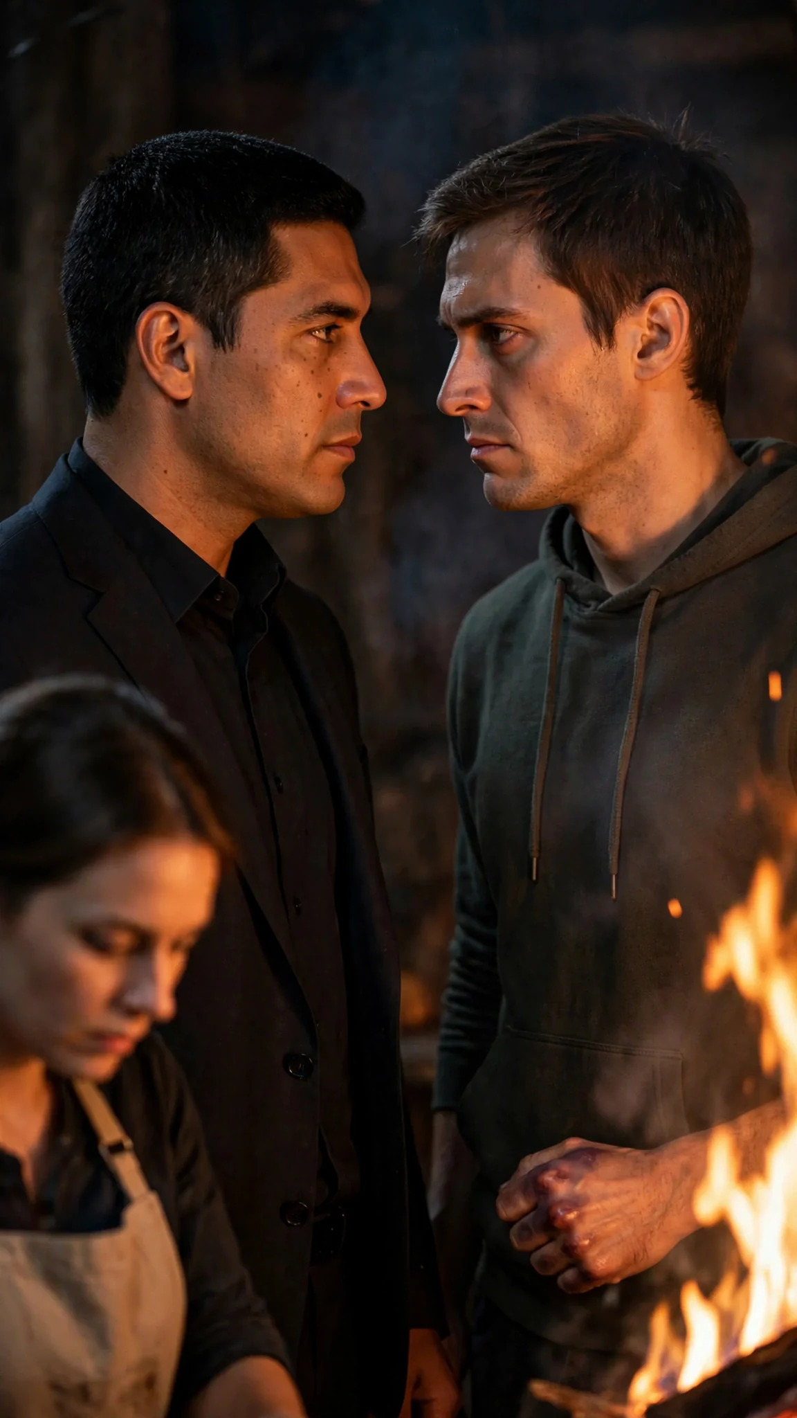 The man in the suit and the hoodie man face each other, firelight between them.
