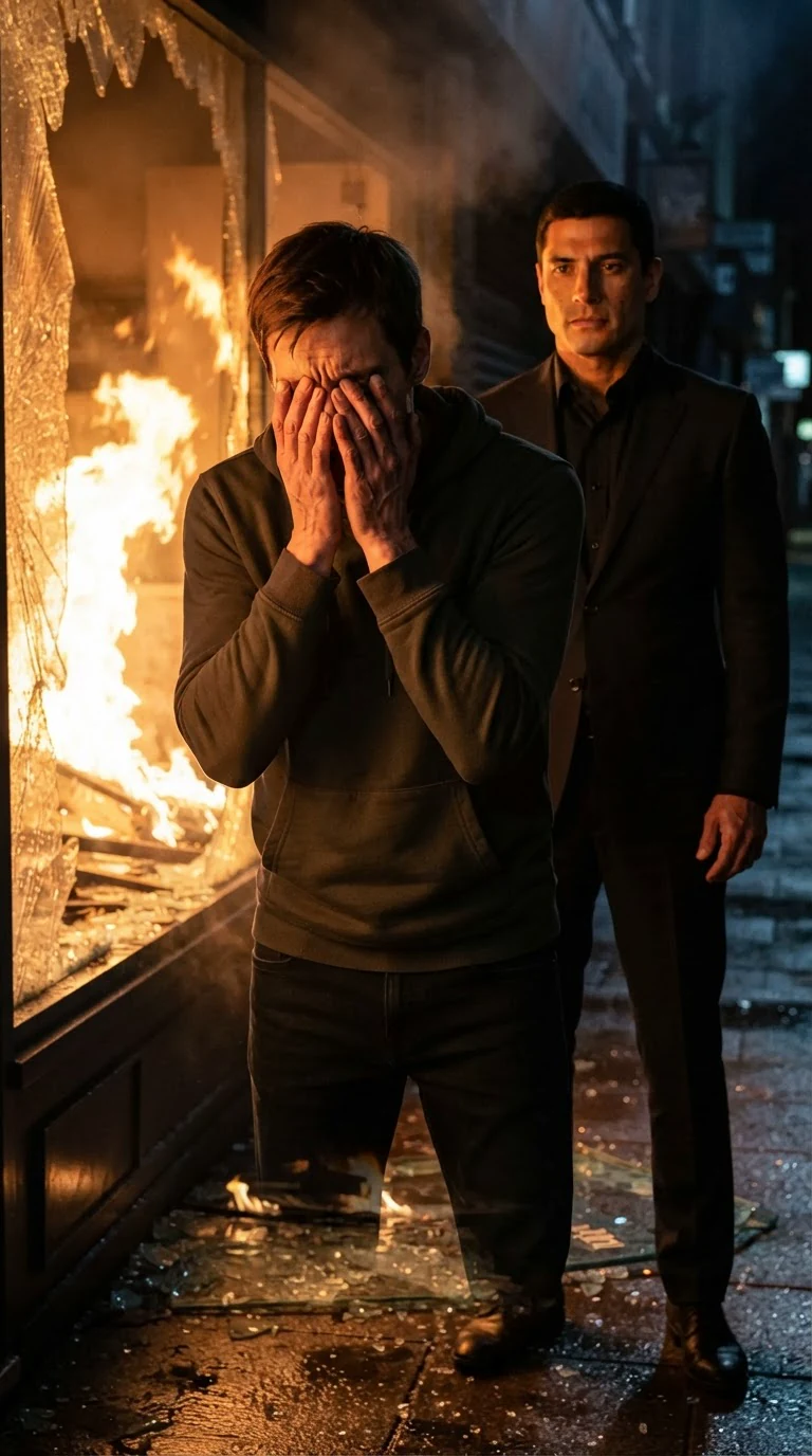 The hoodie man covers his face with both hands beside the burning shop.