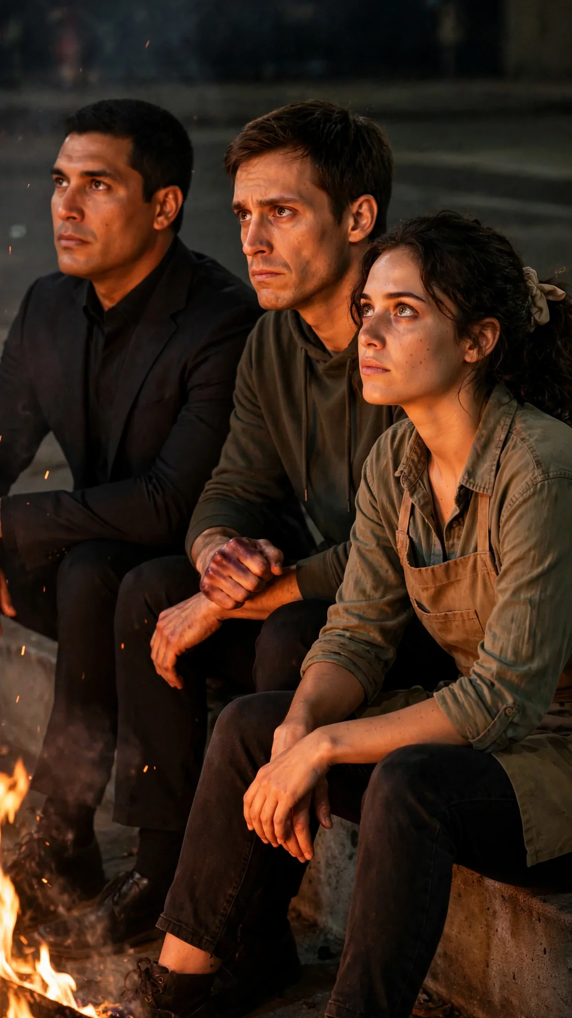 Both men turn toward the woman on the curb, her chin up in the firelight.