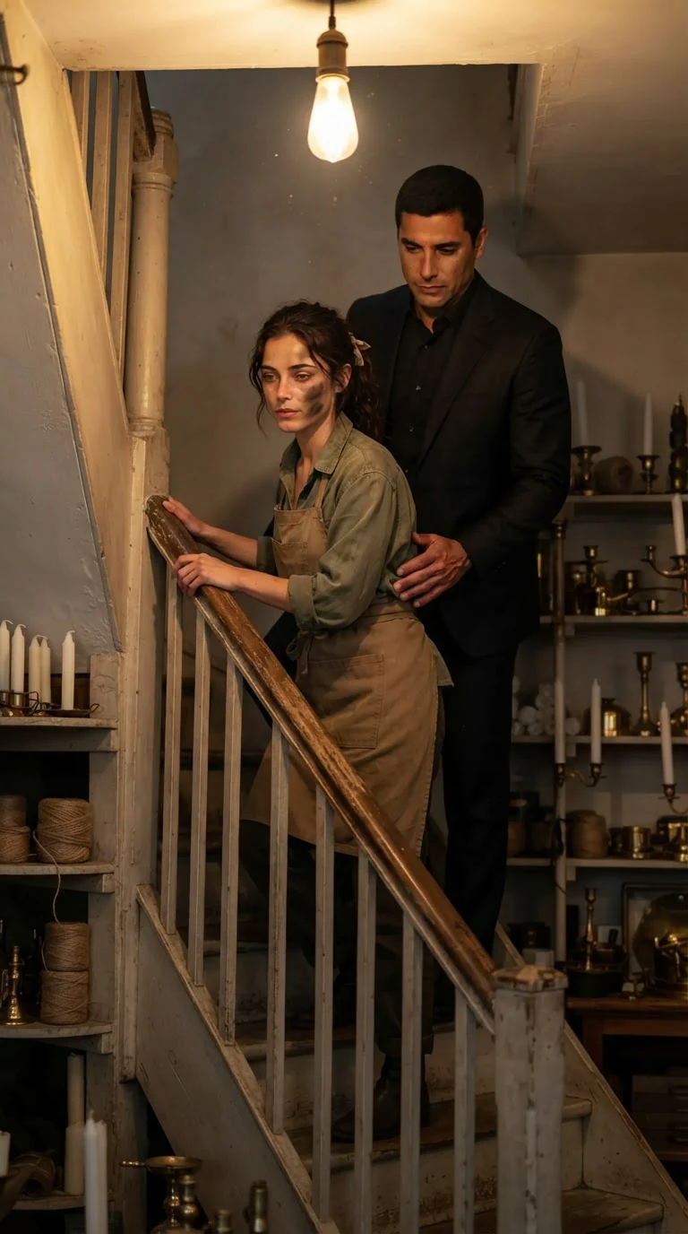 A woman in an apron climbs a narrow wooden staircase with a man's hand at her back.
