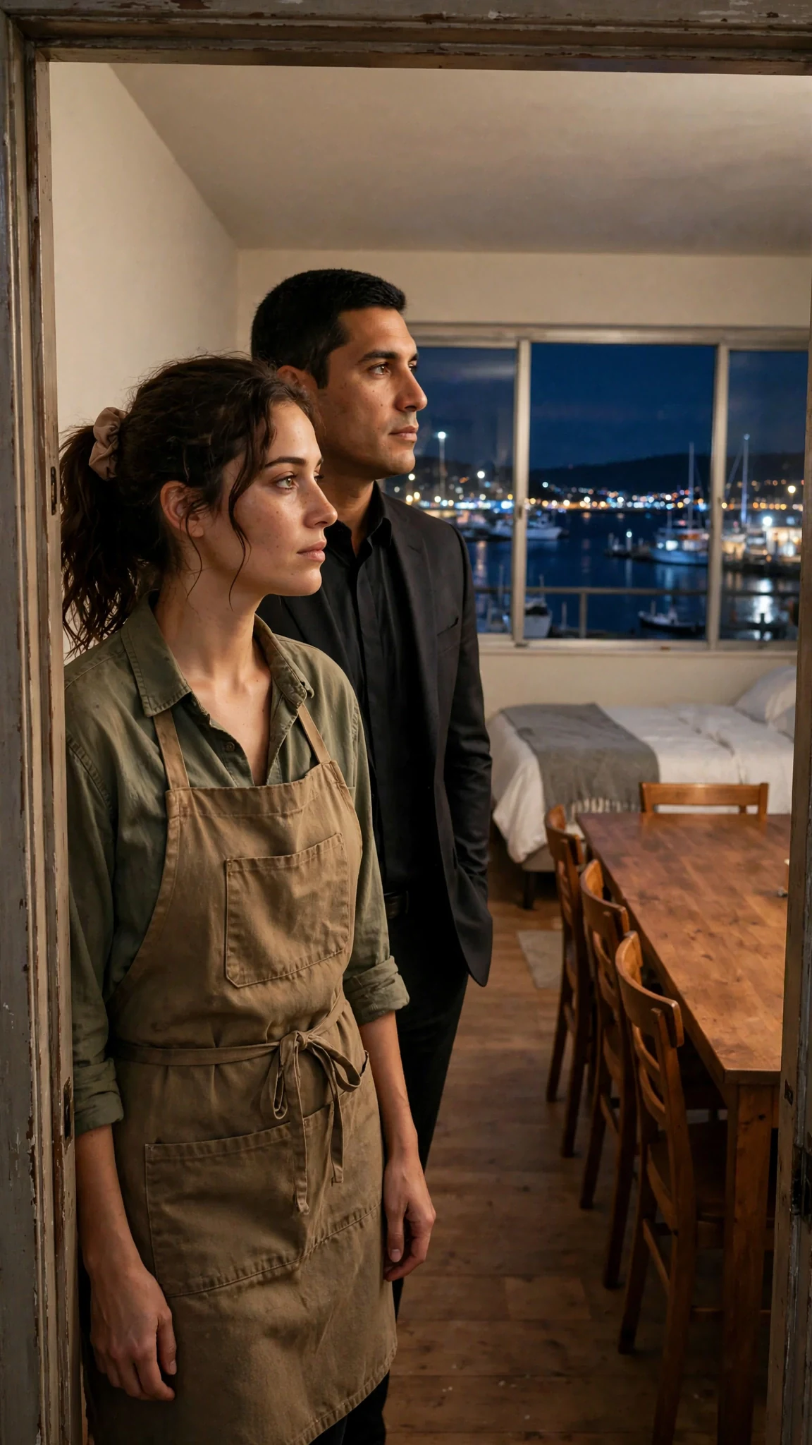 The woman in the apron stands in the doorway of one wide plain apartment with harbor lights.
