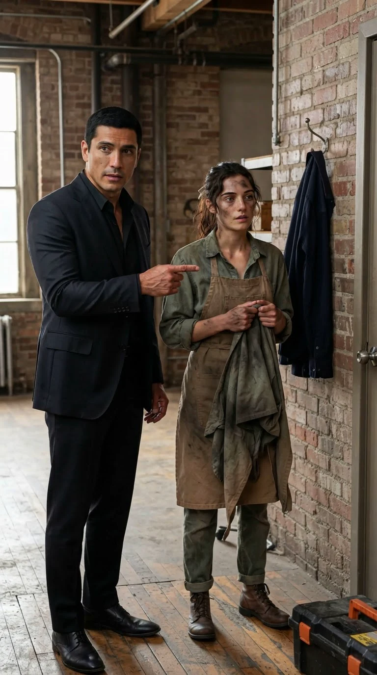 The man gestures toward a bathroom door while the woman holds her smoky apron.