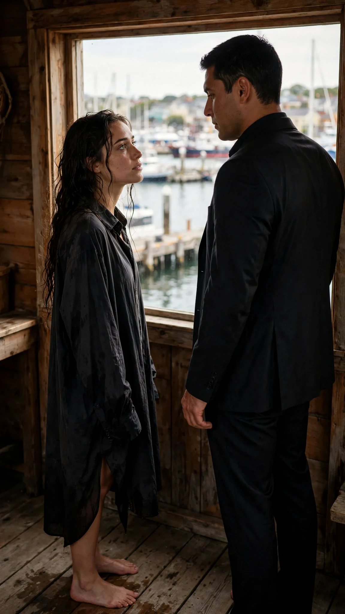 A woman in an oversized shirt with wet hair stands barefoot while a man at the window turns around.