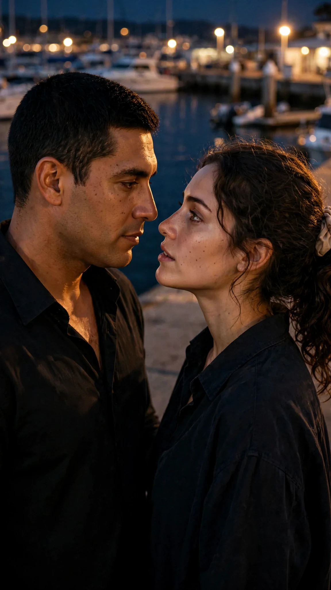 The man crosses the loft and stops close to the woman, harbor light on his jaw.