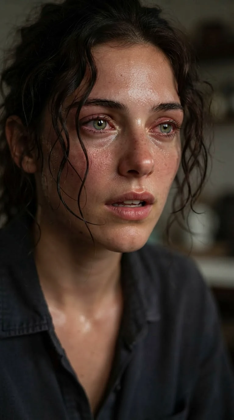 Close on the woman's face, wet hair, shame and heat in her eyes.