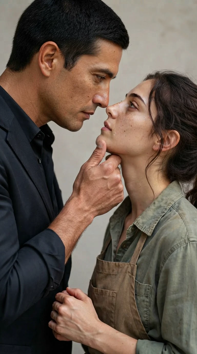 The man's thumb tips the woman's face up, both close, no kiss.