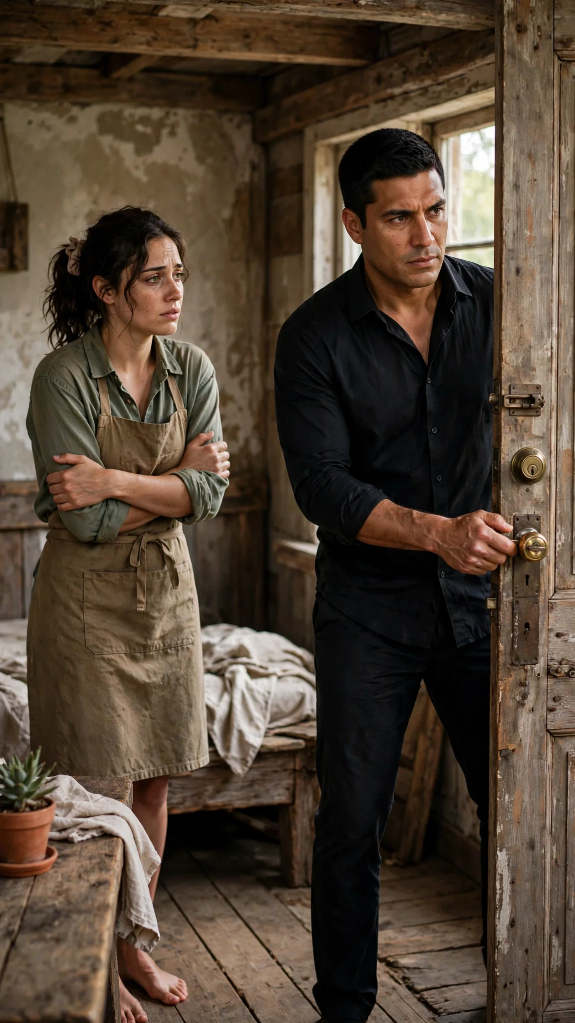 The man steps back to the door and turns the lock while the woman stands still.