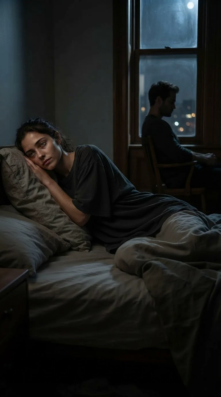 The woman lies awake in the bed while a man sits in a chair across the dark loft.
