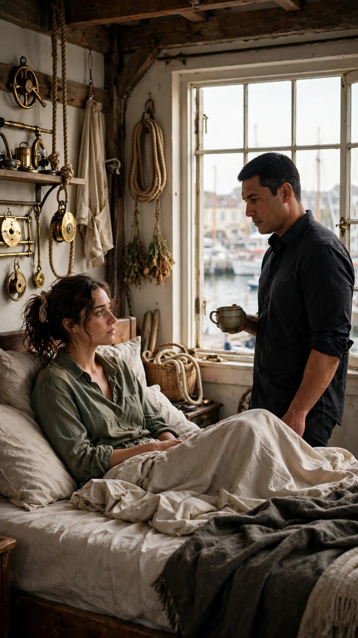 Veda wakes in Aurelio's bed as he stands by the window with coffee.