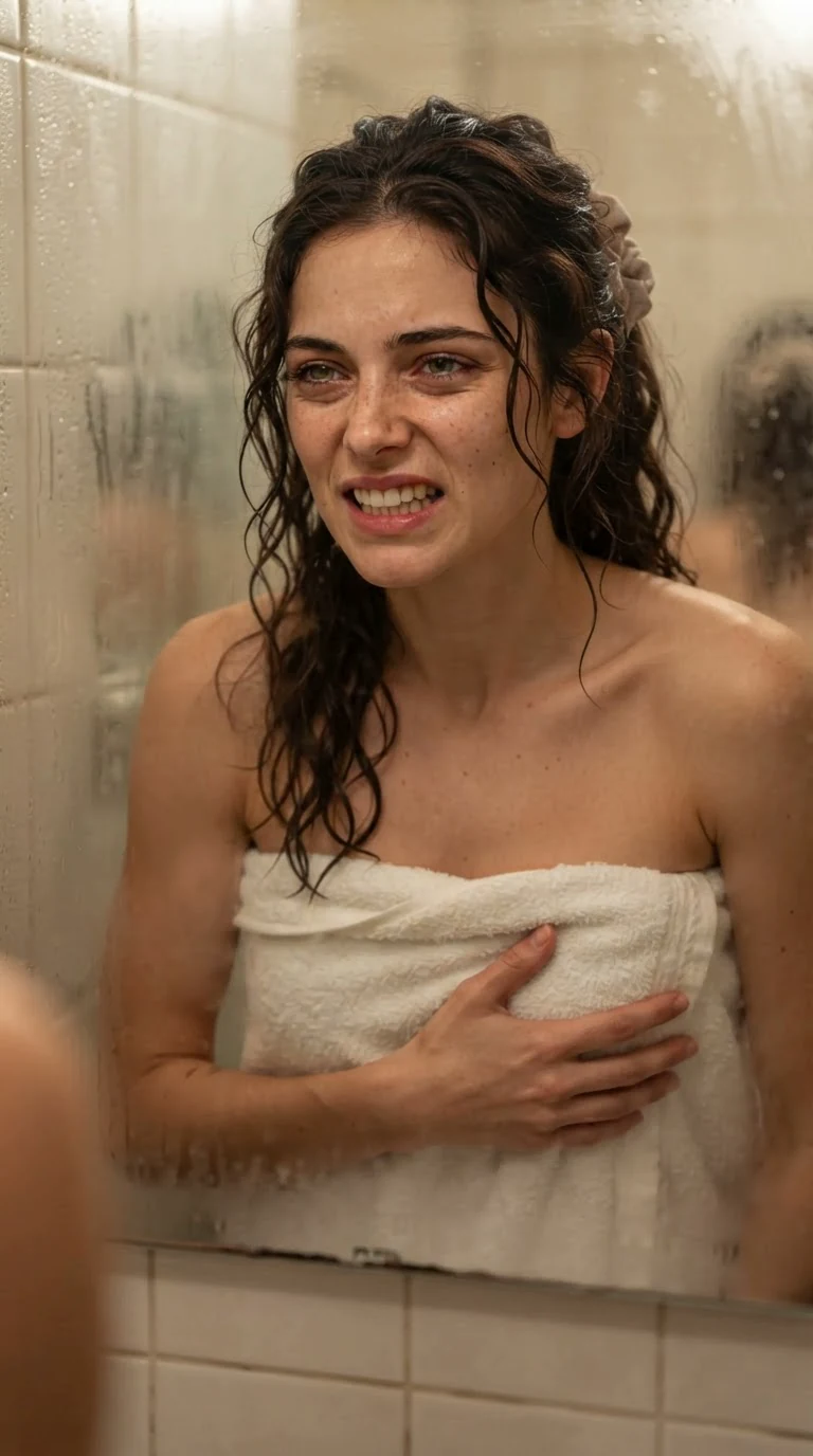 Veda winces in the steamy bathroom, hand pressed to the burn under her ribs.