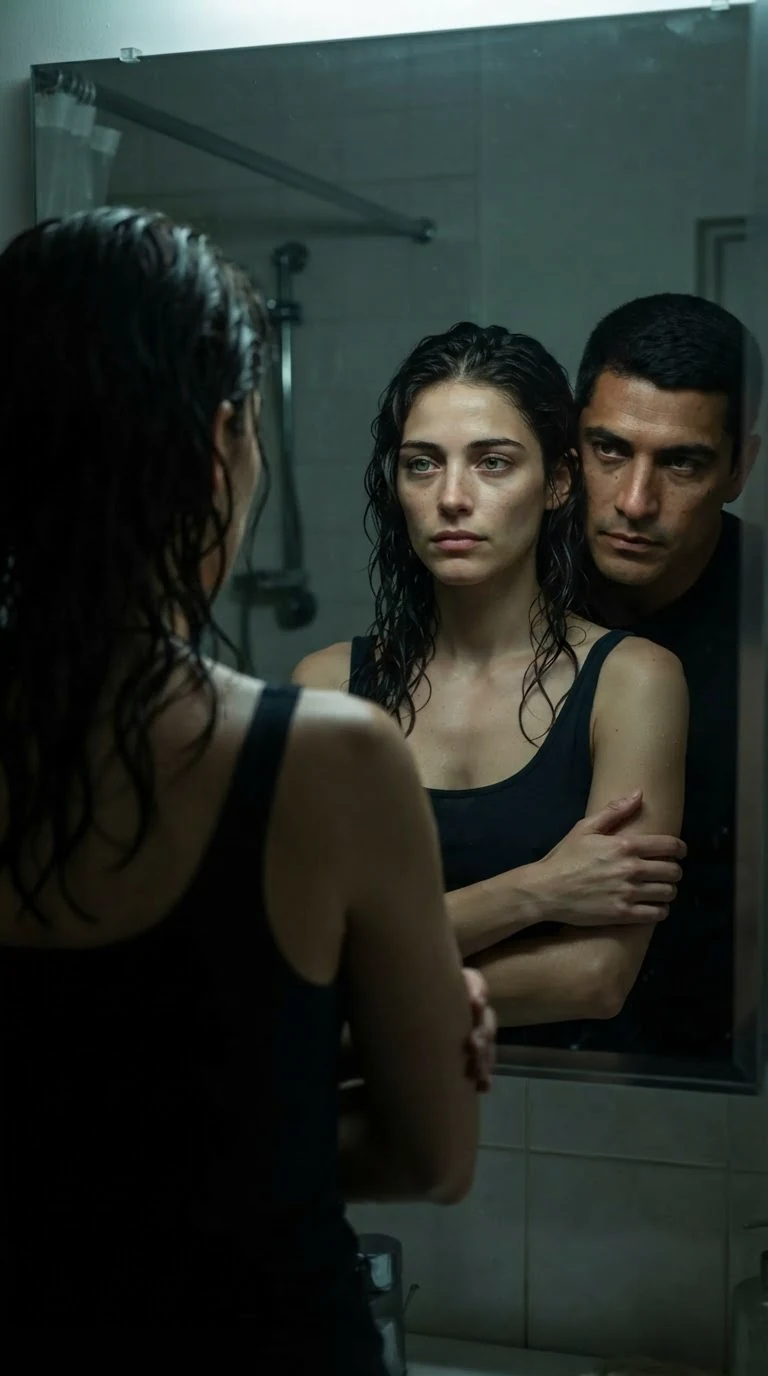 In the mirror, Aurelio's eyes travel down to Veda's burn and stop.