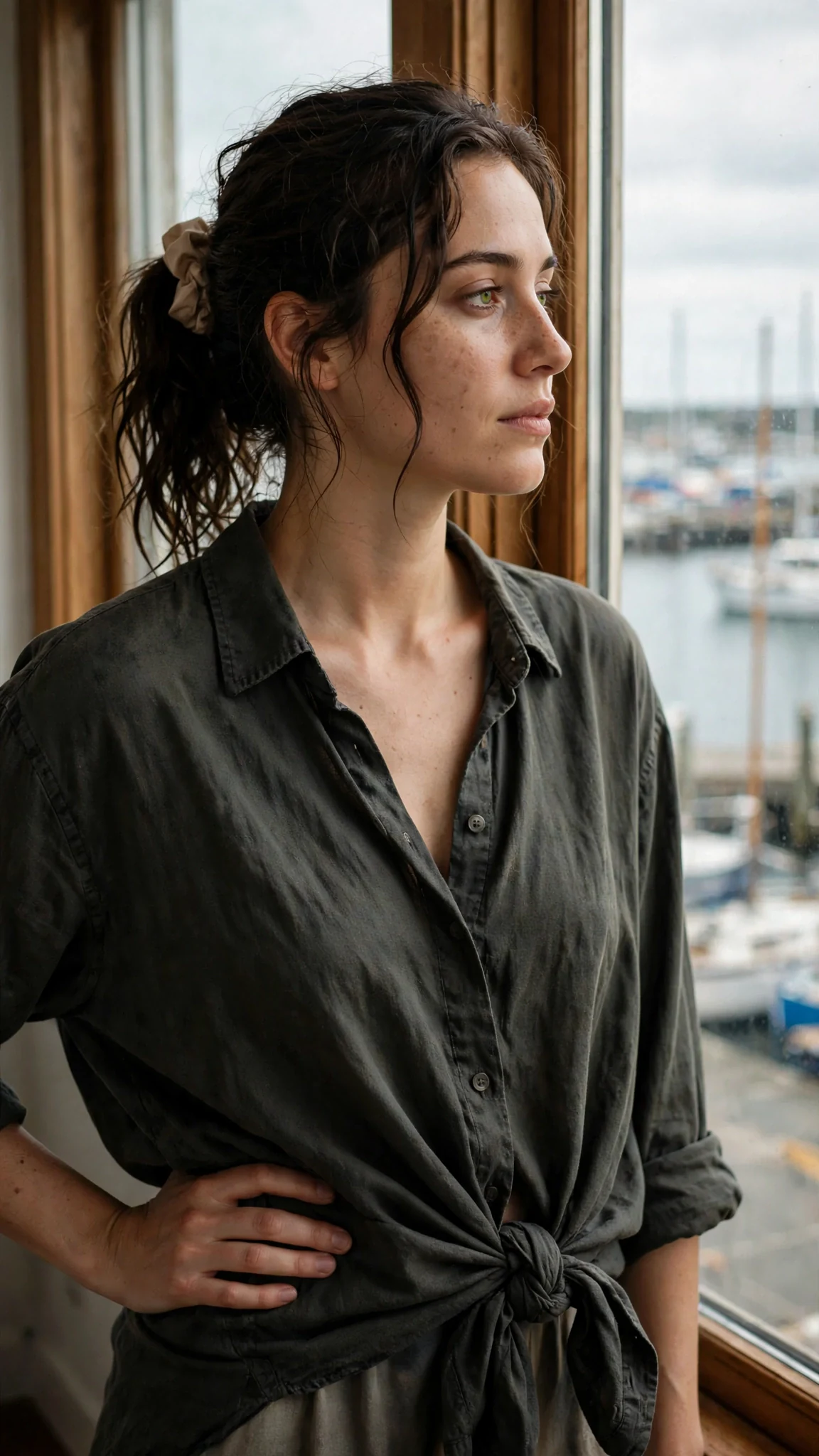 Veda stands in his shirt by the window, touching her side, changed.