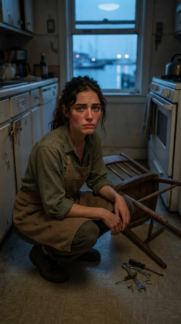 Veda crouches on the floor of a dim kitchen, fixing the leg of an old wooden chair.