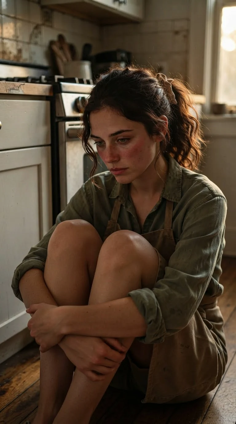 Veda sits on the kitchen floor with her back to a cabinet, knees up, eyes down.