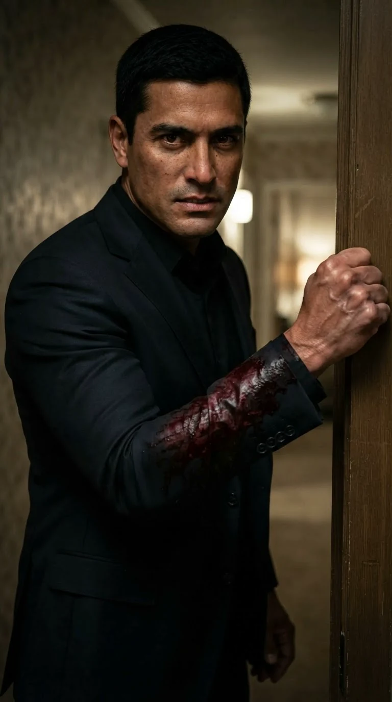 Aurelio stands in the apartment doorway with blood soaked dark into his shirt sleeve.