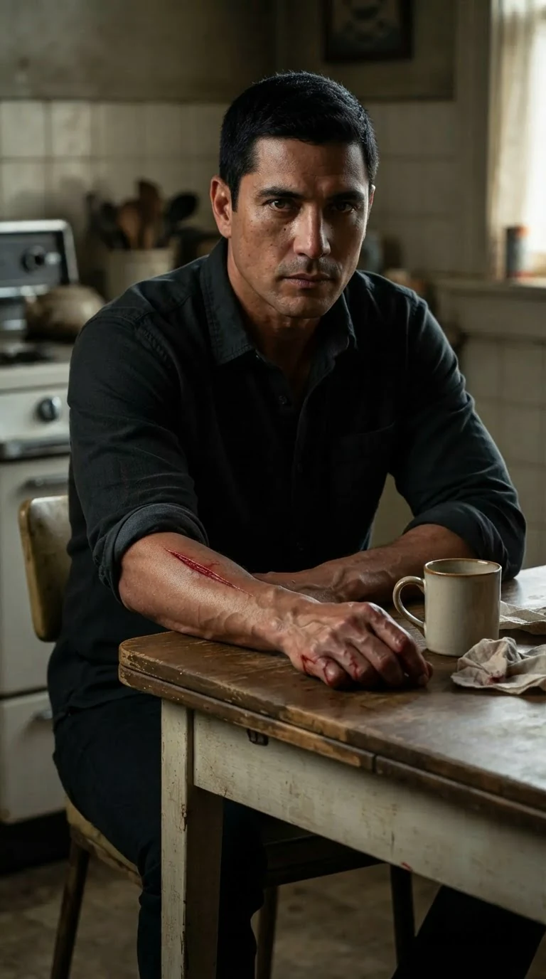 Aurelio sits heavily at the kitchen table with a long cut along his forearm.