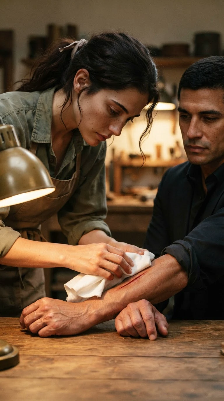 Veda presses a cloth to Aurelio's cut arm at the kitchen table.
