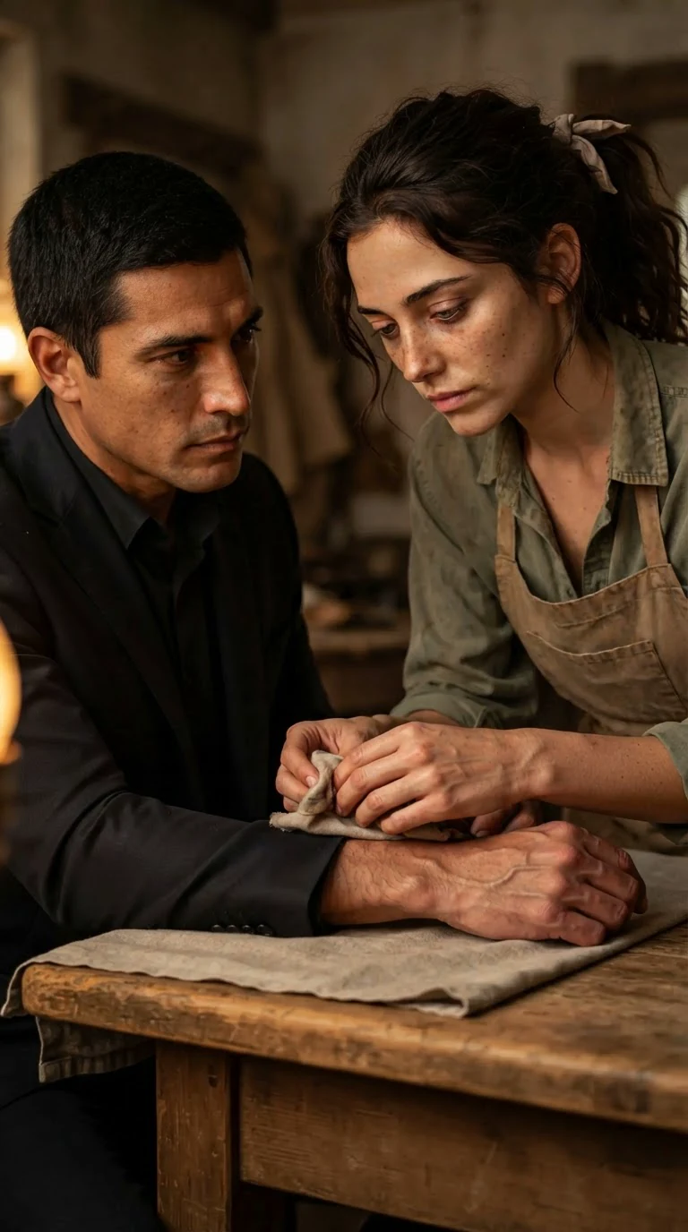 Aurelio watches Veda's face while she works on his bandaged arm.